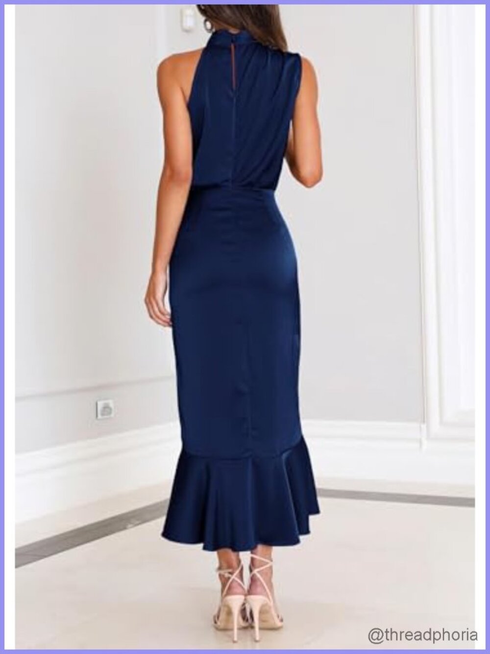 Satin Mock Neck Wrap Midi Dress Sleeveless Wedding Guest Formal - Picture 4 of 6
